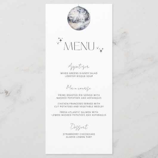 Menu de mariage boule disco argent minimaliste (Devant)