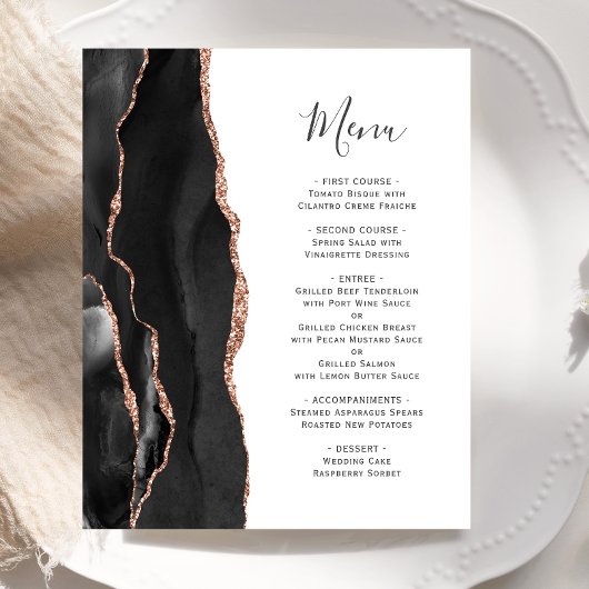 Menu de mariage Budget Black Rose Gold Agate