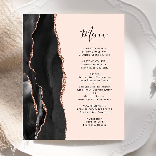 Menu de mariage Budget Black Rose Gold Agate Blush