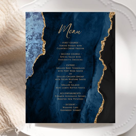 Menu de mariage Budget bleu marine agate doré