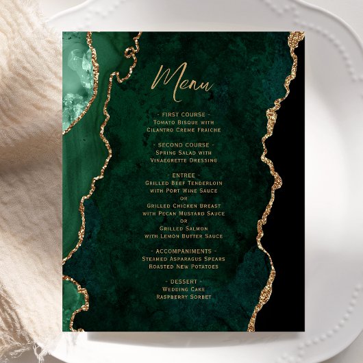 Menu de mariage Budget Émeraude Vert Agate Or