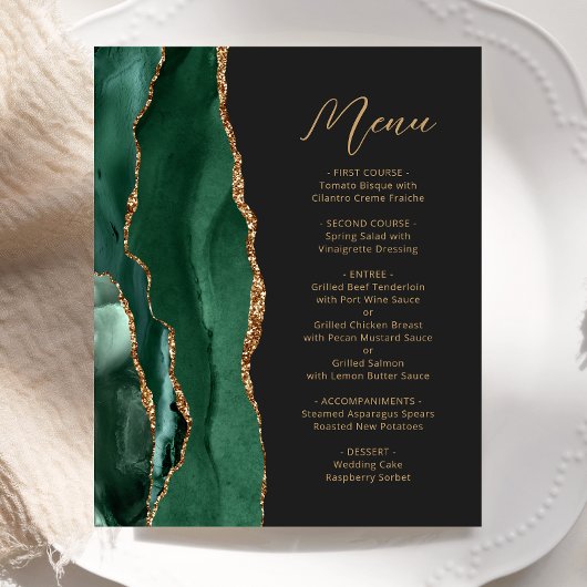 Menu de mariage Budget Émeraude Vert Agate Or