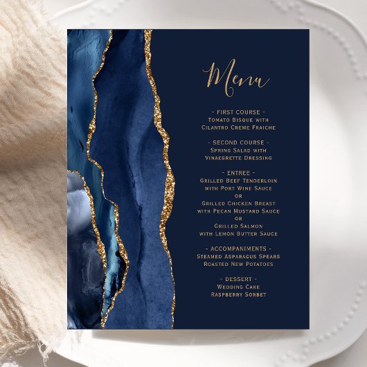 Menu de mariage Budget Navy Blue Agate Or