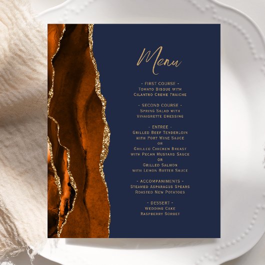 Menu de mariage Budget Orange Brûlé Agate Bleu Nui