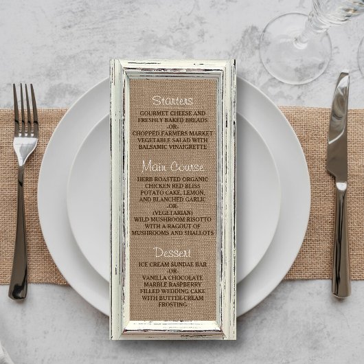 Menu de mariage cadre blanc rustique et toile de j