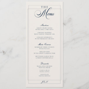 Menu de mariage calligraphié classique ivoire bleu