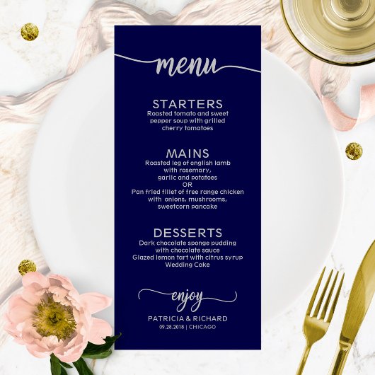 Menu de mariage calligraphie élégante bleu marine