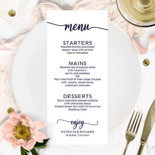 Menu de mariage calligraphie élégante chic bleu ma
