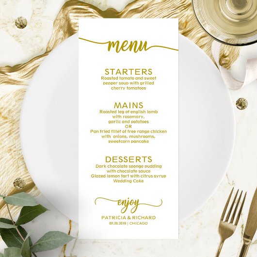 Menu de mariage Calligraphie élégante  Or