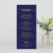 Menu de mariage calligraphie élégante or bleu mari (Debout devant)