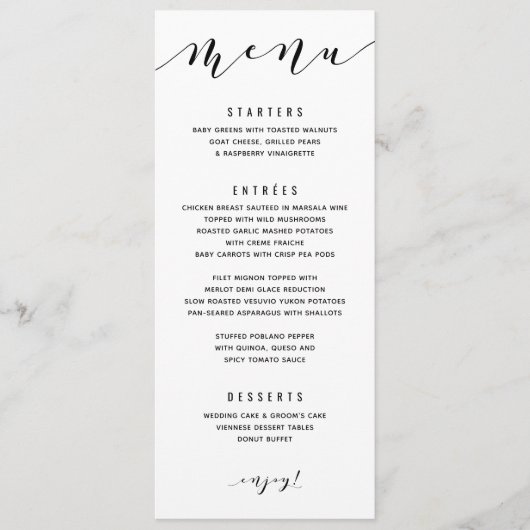 Menu de mariage calligraphié en spirale amusant (Devant)