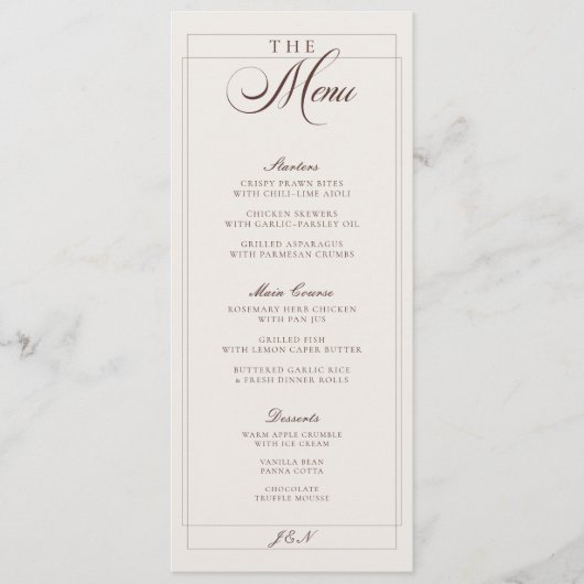 Menu de mariage calligraphié marron ivoire classiq (Devant)