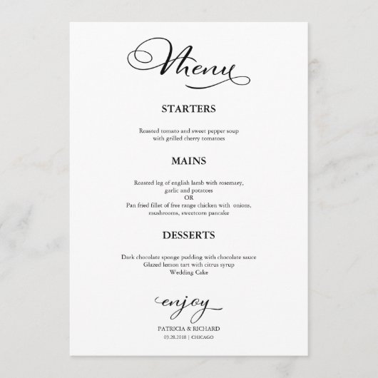 Menu de mariage Calligraphie simple et élégante (Devant)