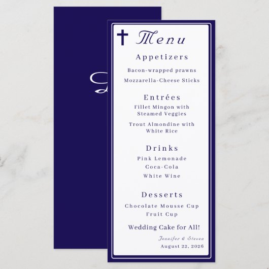 Menu de mariage catholique intemporel avec monogra (Devant / Derrière)