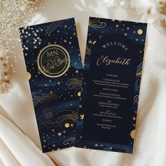 Menu de Mariage Céleste avec Nom de l'Invité