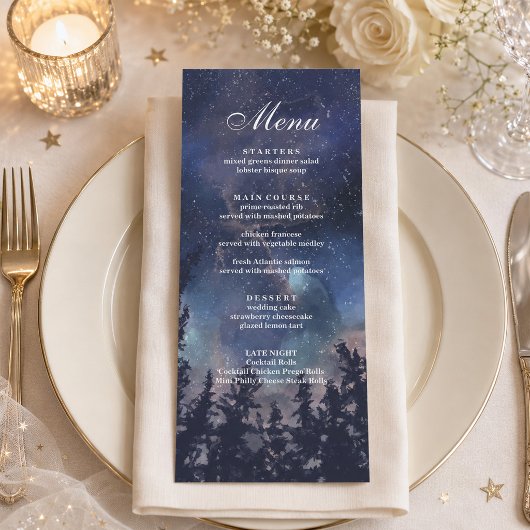 Menu de mariage céleste de la forêt étoilée