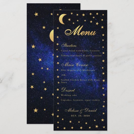 Menu de mariage céleste - Étoiles bleues élégantes (Devant / Derrière)