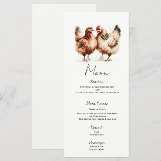 Menu de mariage champêtre à l'aquarelle Poulets Br (Devant / Derrière)
