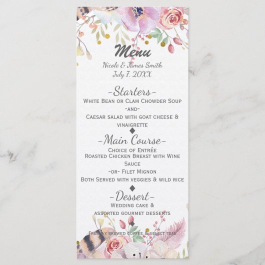 Menu de mariage champêtre avec fleurs et bois de c (Devant)