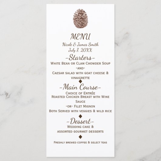 Menu de mariage champêtre élégant au cône de pin r (Devant)