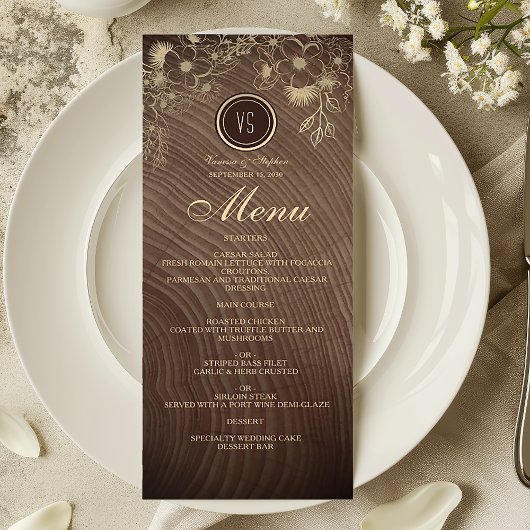 Menu de mariage champêtre en bois rustique