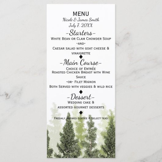 Menu de mariage champêtre simple avec pins rustiqu (Devant)