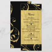 Menu de mariage chic à tourbillon floral noir et o (Devant / Derrière)