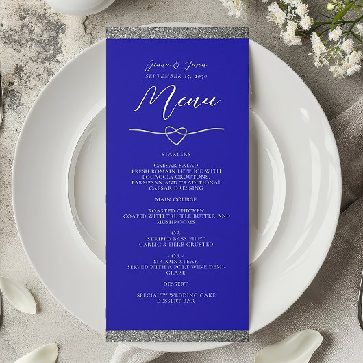 Menu de mariage chic argent royal bleu