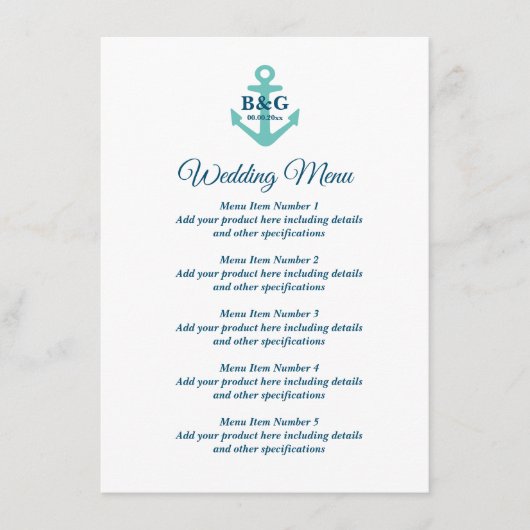 Menu de mariage chic avec logo d'ancre de bateau n (Devant)
