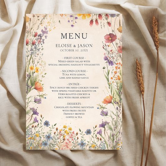 Menu de mariage chic de jardin de fleurs sauvages