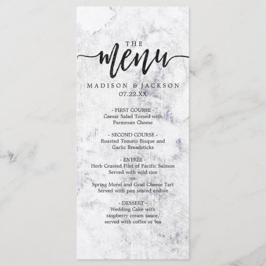 Menu de mariage chic en marbre blanc et gris (Devant)