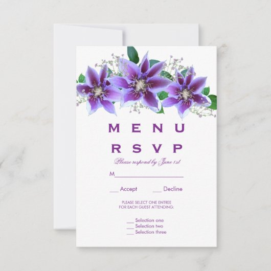 Menu de mariage chic et élégant Clematis RSVP (Devant)