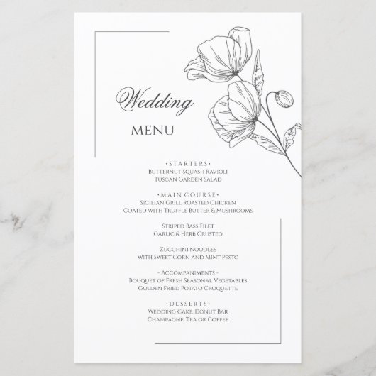 Menu de mariage chic fleur de coquelicot (Devant)