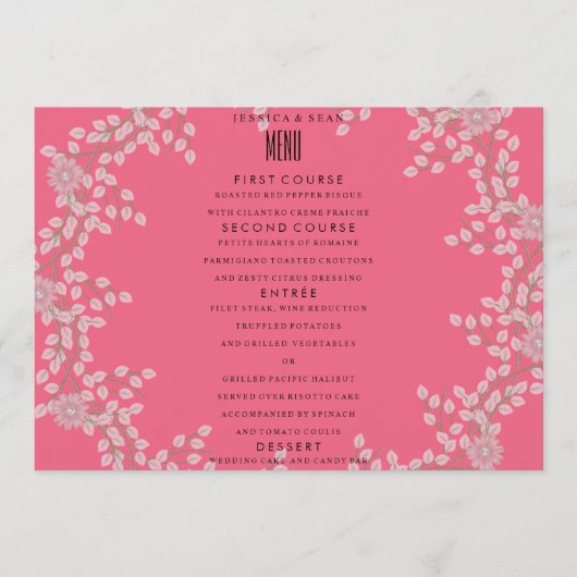 Menu de mariage chic fleurs roses et perles (Devant)