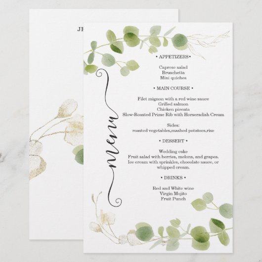 Menu de mariage chic or rustique eucalyptus verdur (Devant / Derrière)