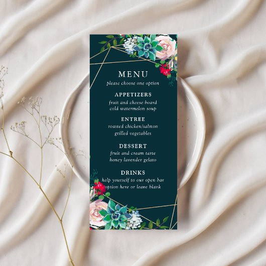 Menu de mariage chic succulents et or