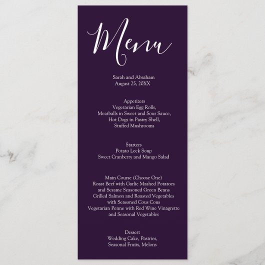 Menu de mariage chic violet et blanc élégant (Devant)