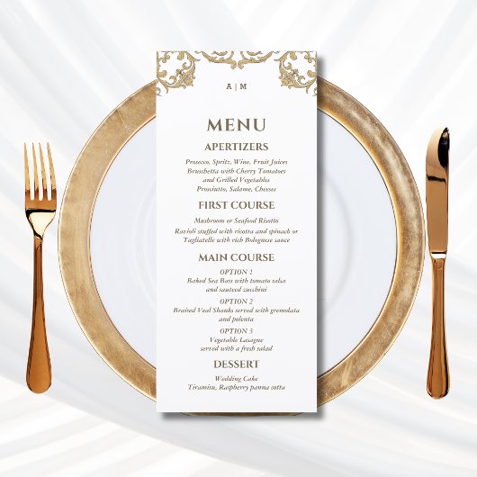 Menu de mariage chrétien baroque au monogramme orn