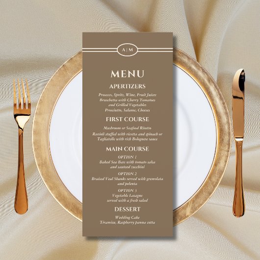 Menu de mariage chrétien marron crème Monogramme