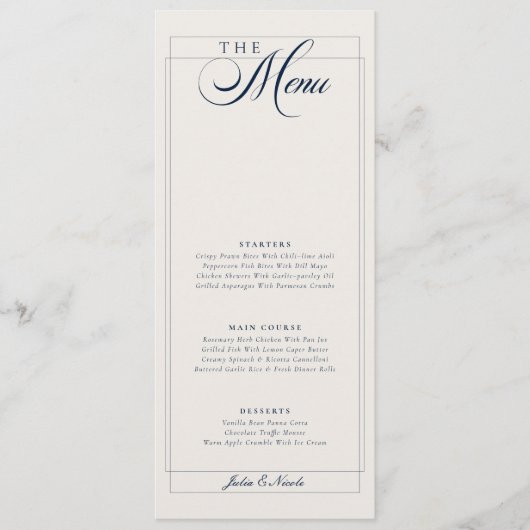 Menu de mariage classique calligraphié bleu marine (Devant)