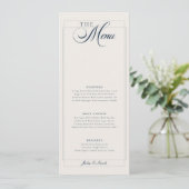 Menu de mariage classique calligraphié bleu marine (Debout devant)