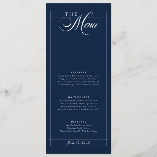 Menu de mariage classique calligraphié bleu marine (Devant)