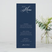 Menu de mariage classique calligraphié bleu marine (Debout devant)
