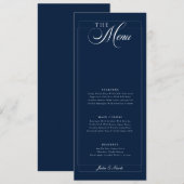Menu de mariage classique calligraphié bleu marine (Devant / Derrière)