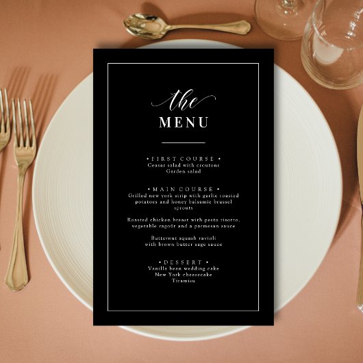 Menu de mariage classique élégant noir et blanc