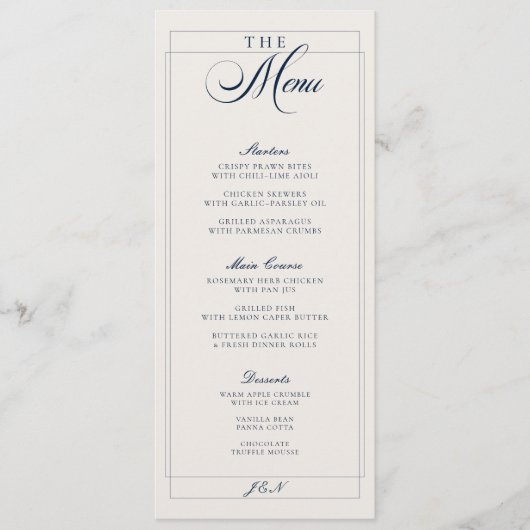 Menu de mariage classique ivoire bleu marine calli (Devant)