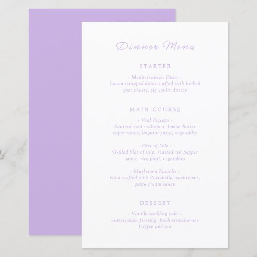 Menu de mariage classique Lilac intemporel (Devant / Derrière)