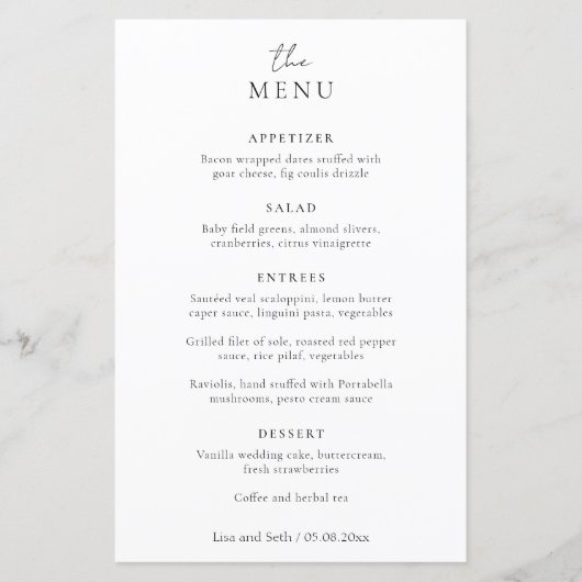 Menu de mariage classique minimaliste noir et blan (Devant)
