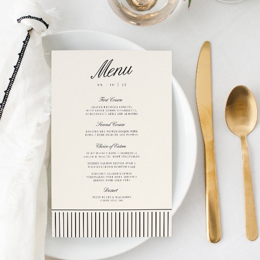 Menu de mariage classique rayé noir et écru