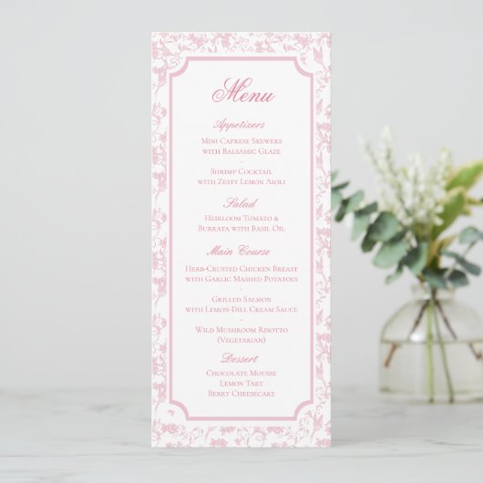 Menu de mariage classique toile fleurie rose (Debout devant)